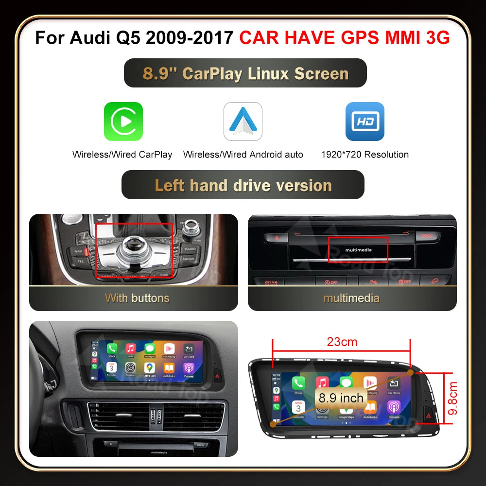 12.3' RoadTop Wireless CarPlay Multimedia Linux Screen Android Auto For Audi Q5 2009-2017 Airplay Autolink Function - Shopifynow