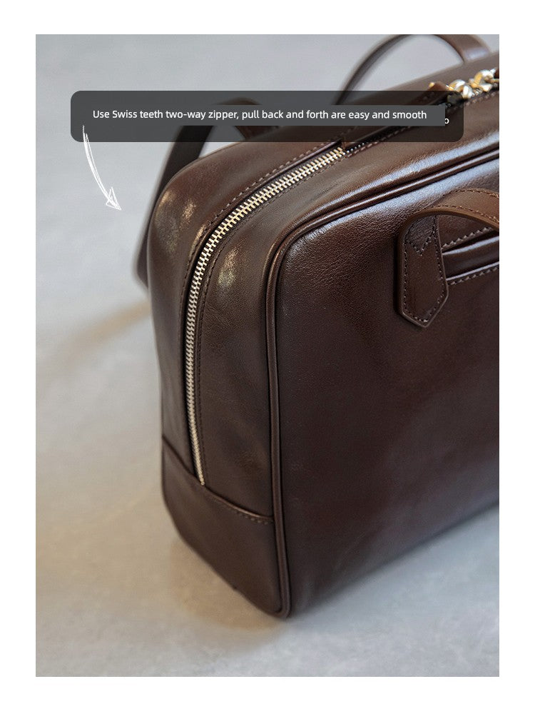 Fan Jia Leather Vegetable Tanned Full-Grain Leather Cowhide Leather Women's 2025 New Arrival Boston Shoulder Work Clothing Bowling Bag Shopifynow