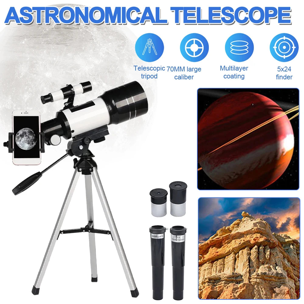 150X Astronomical Telescope , 70mm Aperture Refractor Portable Travel Telescope with Phone Adapter &Wireless Remote Shopifynow