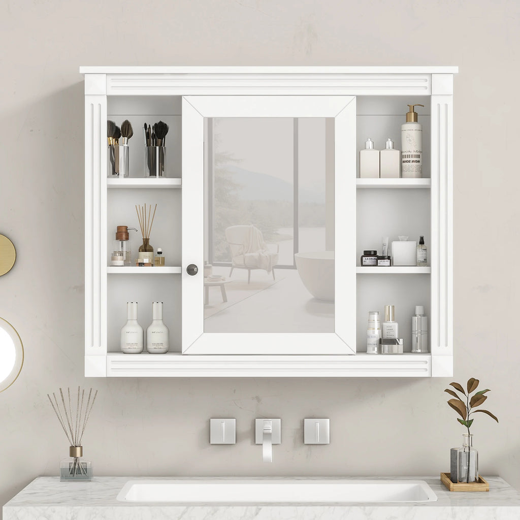 35'' x 28'' Wall Mounted Bathroom Storage Cabinet, Modern Bathroom Wall Cabinet with 6 Open Shelves And Mirror