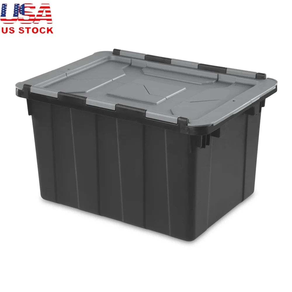 12 Gallon Industrial Tote Heavy Duty Hinged Lid Storage Container Stackable with Handles Zip Tie Access Garage Basement Shopifynow