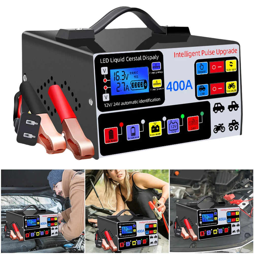 Heavy Duty Car Battery Charger 12/24V 400A Full Automatic Car Battery Charger 220W High Power Smart Pulse Repair Battery Charger