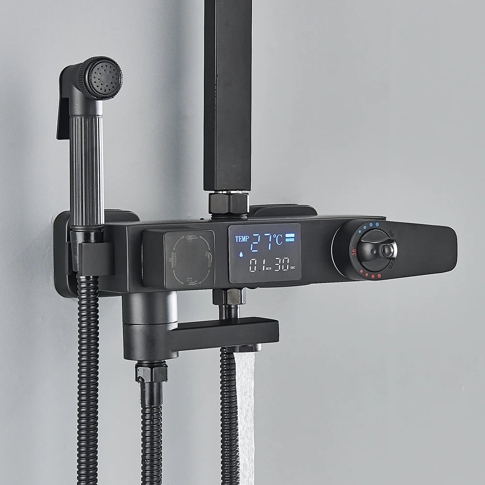 Black Digital Display Thermostatic Shower Faucet Bathroom Thermostatic 4 ways Rainfall Shower Mixer Tap,Shelf and Bidet Faucets - Shopifynow