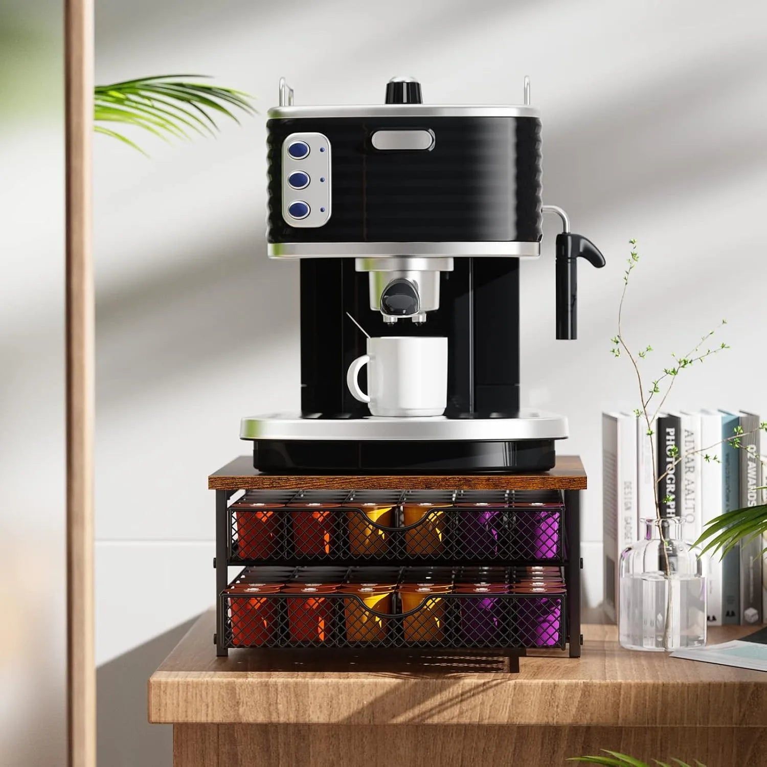 2-Tier 72-Cap Coffee Pod Organizer | Industrial Brown/Black Drawer w/ Baskets | Space-Saving K-Cup Storage Shopifynow