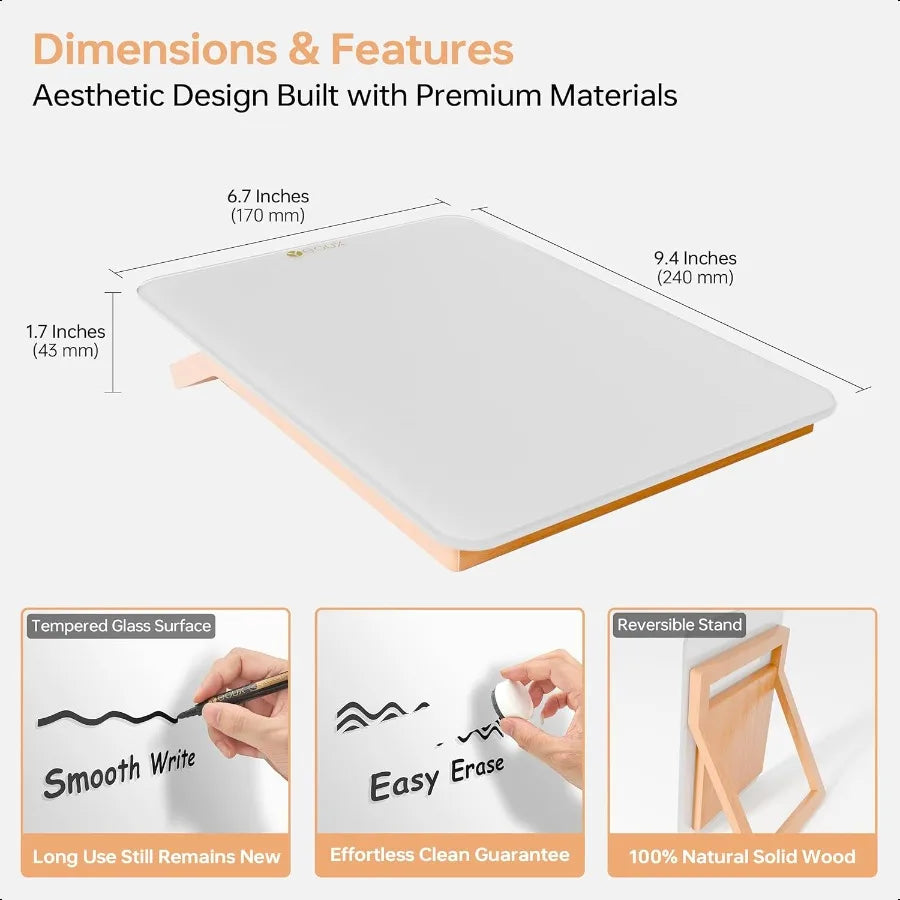 Desktop Glass Whiteboard with Reversible Wood Stand Small White Board Mini Dry Erase Whiteboard Easel for Desk Reusable Desk No