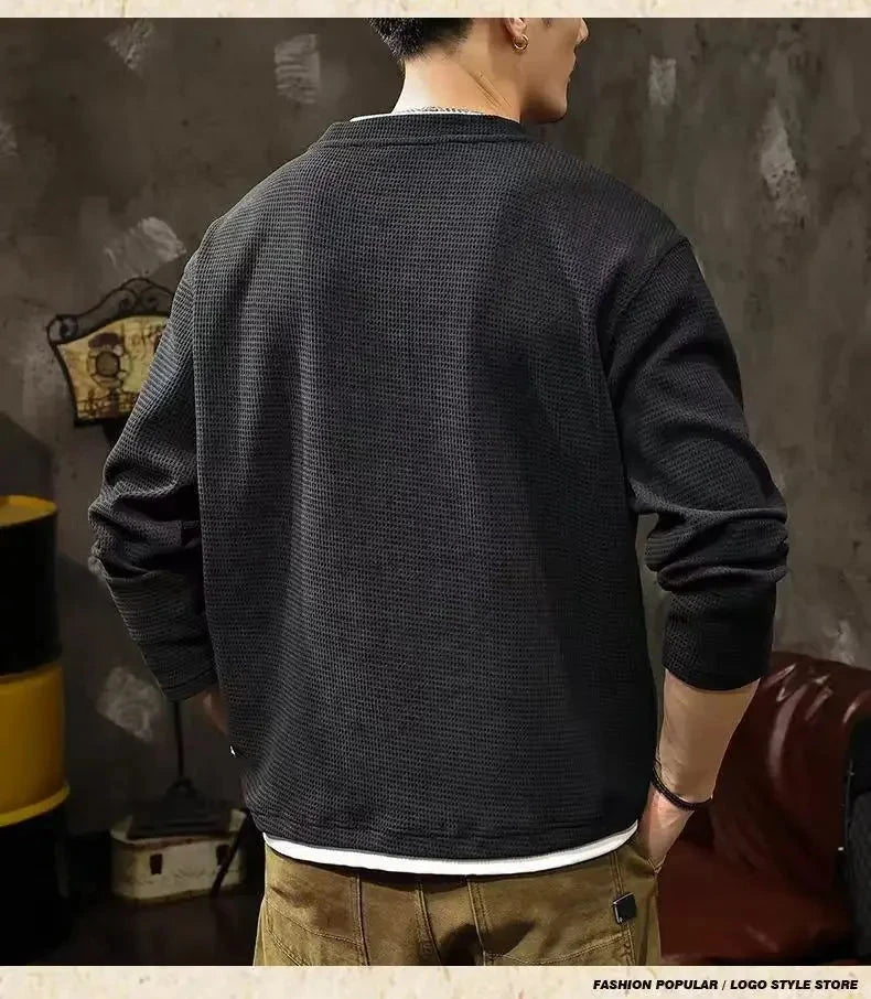 Spring and Autumn New Men Henley neck T Shirt Long Sleeve Casual  Solid color T-Shirt Fashion Waffle Fake two-piece Sweatshirts Shopifynow