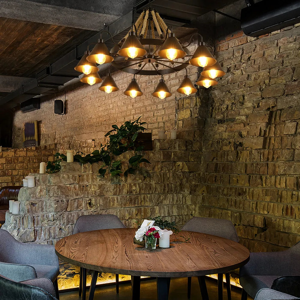 Bymaocar 12 Lights Hemp Rope Vintage Industrial Chandelier Ceiling Light Rustic Wheel Large Pendant Light Fixture Fit  Cafe Bar Shopifynow