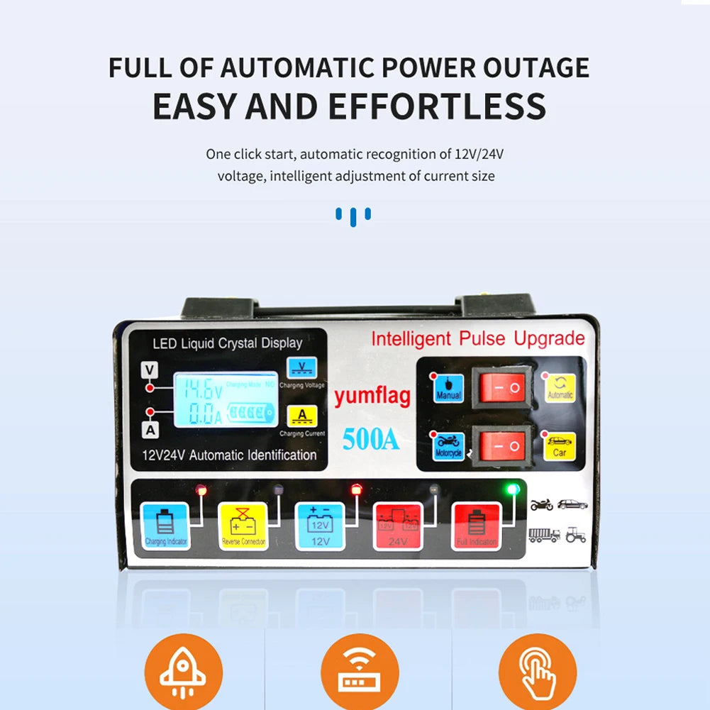500A Battery High Power Fast Charger 12V/24V Car Battery Charger LCD Display Smart Charger for Lead-Acid AGM GEL EFB Batteries