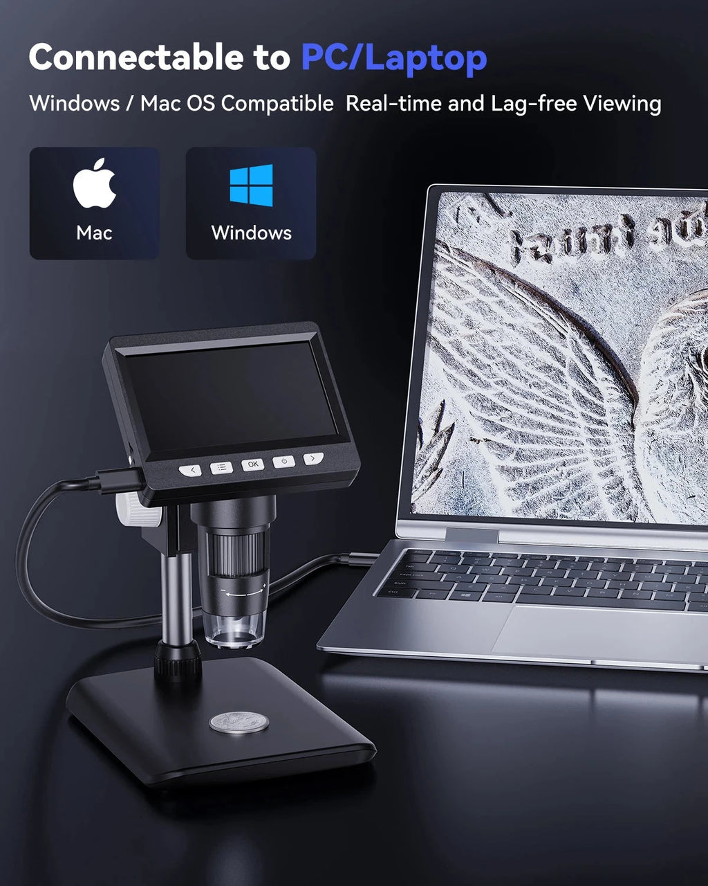 Digital Microscope 4.3" IPS USB Coin Microscope 1000X Magnification 2MP Ultra-Precise Focusing Soldering Microscopes for Repair Shopifynow