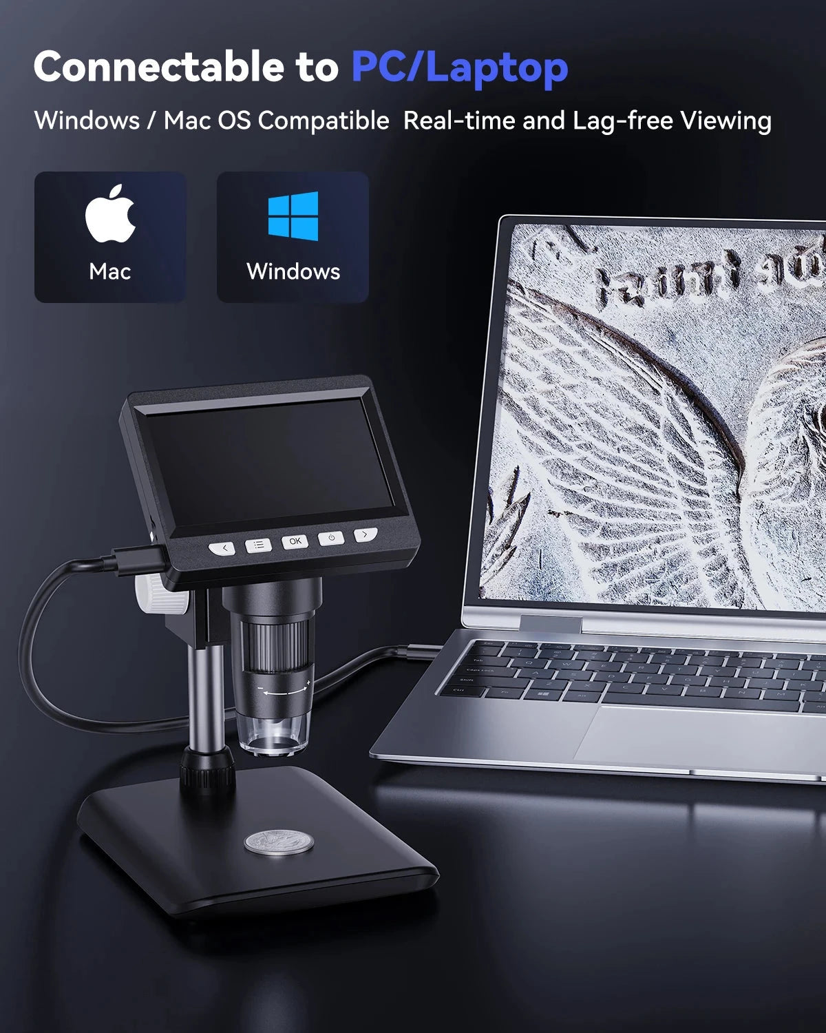 Digital Microscope 4.3" IPS USB Coin Microscope 1000X Magnification 2MP Ultra-Precise Focusing Soldering Microscopes for Repair Shopifynow