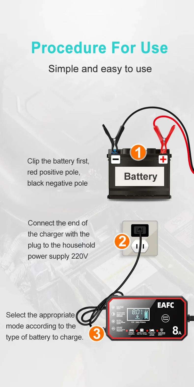 12V 8A Smart Car Battery Charger Automatic Start Fast Charger Pulse Repair Motorcycle Truck Battery Charger GEL Lead Acid Shopifynow
