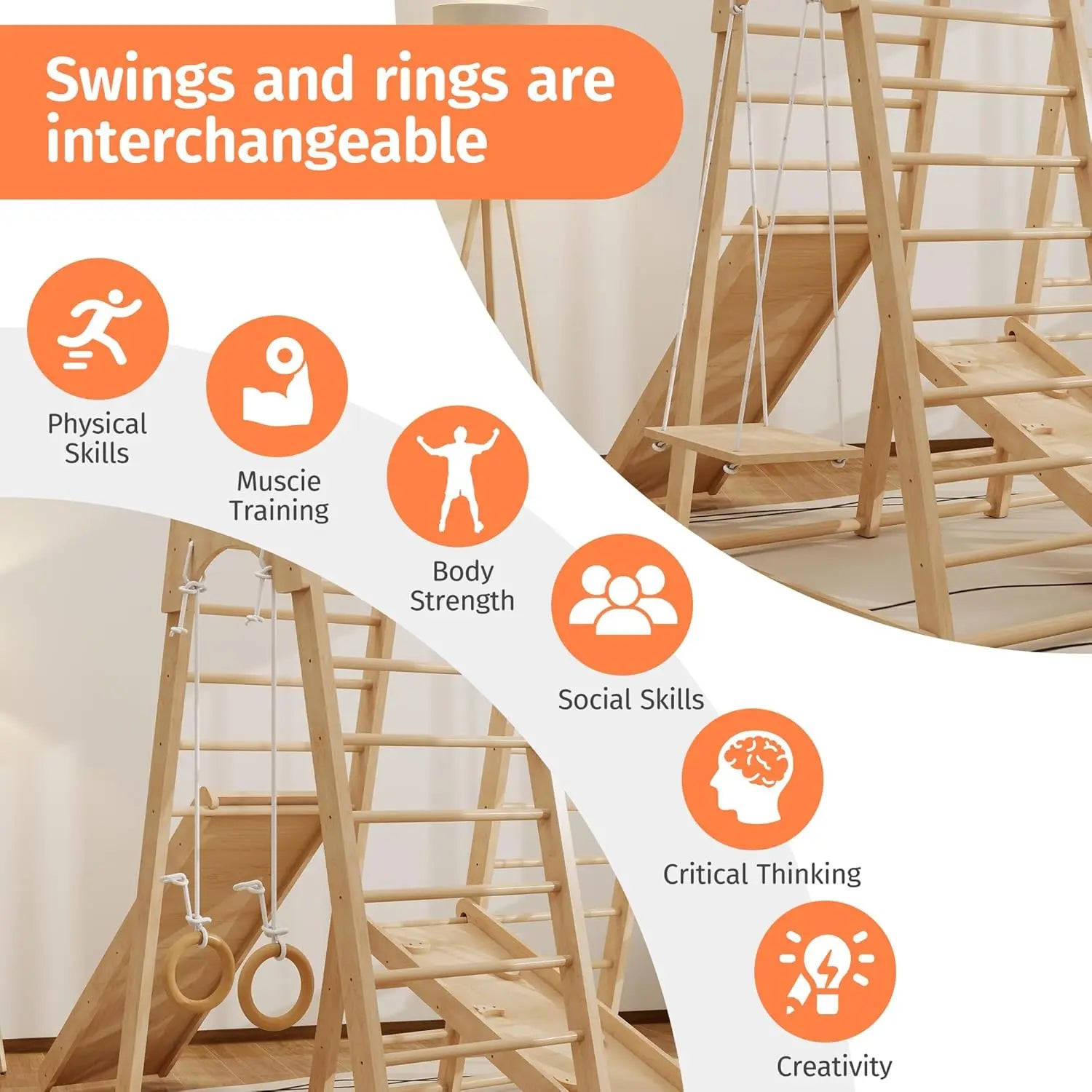 Indoor Jungle Gym, Montessori Climbing Toys, Toddler Indoor Playground Set 8-in-1 with Swing, Armband, Rock Climb Wall, Slide, M Shopifynow