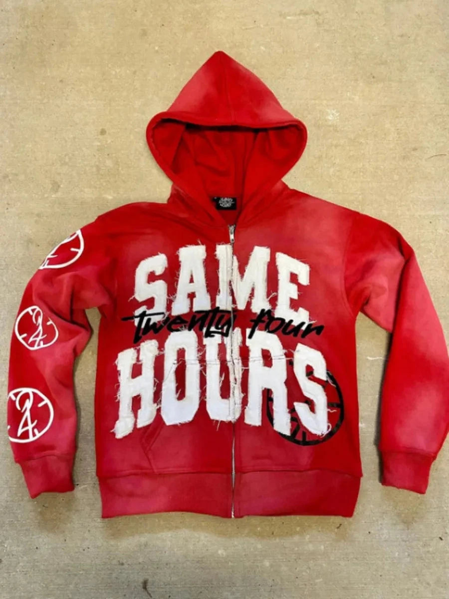 Men's Letter Zipper Embroidery Hoodie Street “Same Hours”Hip-hop Style Vintage Aesthetic Sweatshirt Shopifynow
