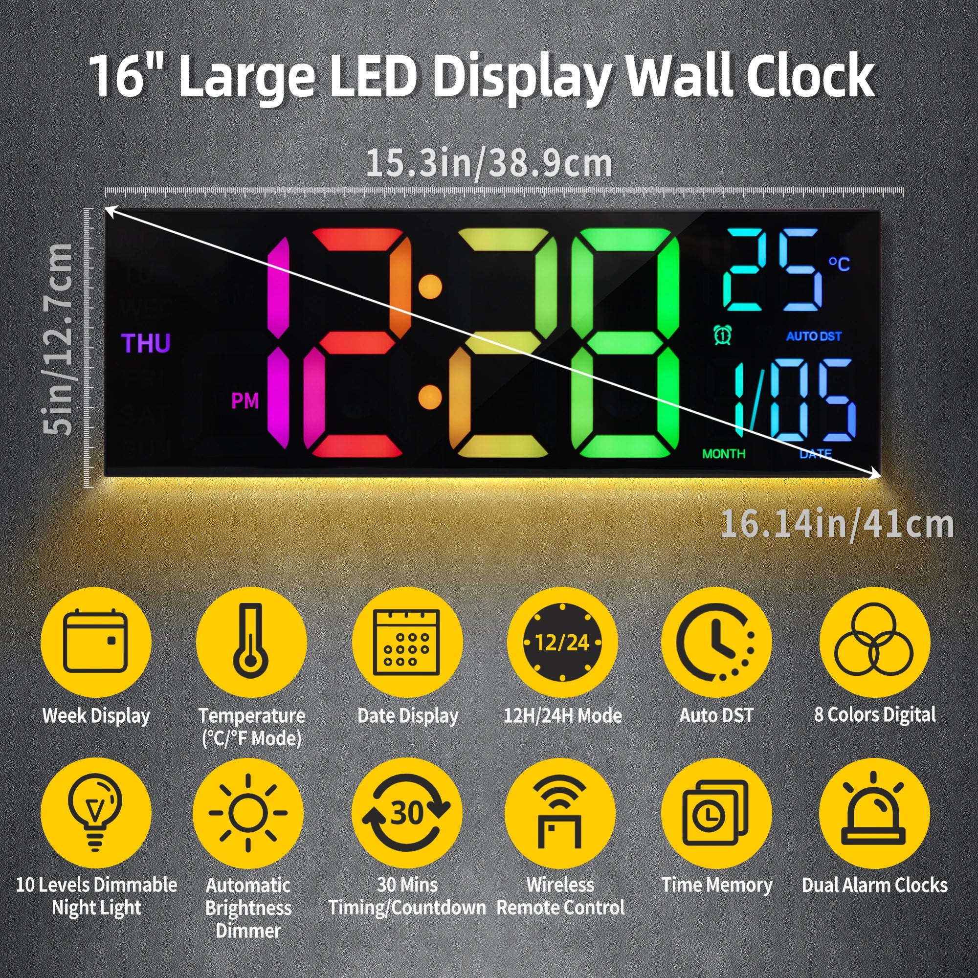 16" Large Digital Wall Clock, Big LED Display with Remote, 8 RGB Color, Alarm, DST, Temperature for Living Room, Kitchen Shopifynow