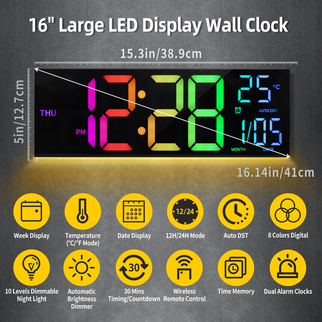16" Large Digital Wall Clock, Big LED Display with Remote, 8 RGB Color, Alarm, DST, Temperature for Living Room, Kitchen Shopifynow