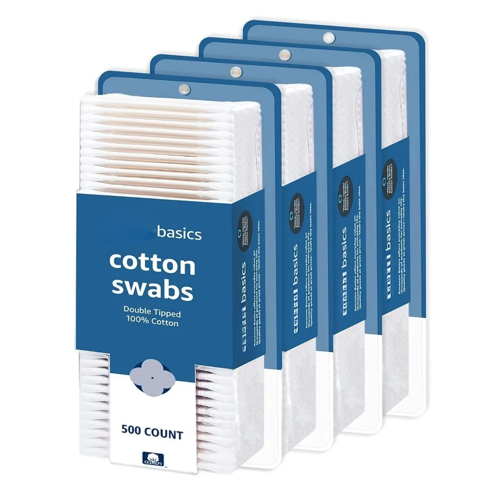 Basics Cotton Swabs for Personal Hygiene and Baby Care, 2000 Count, 4 Pack of 500 Count