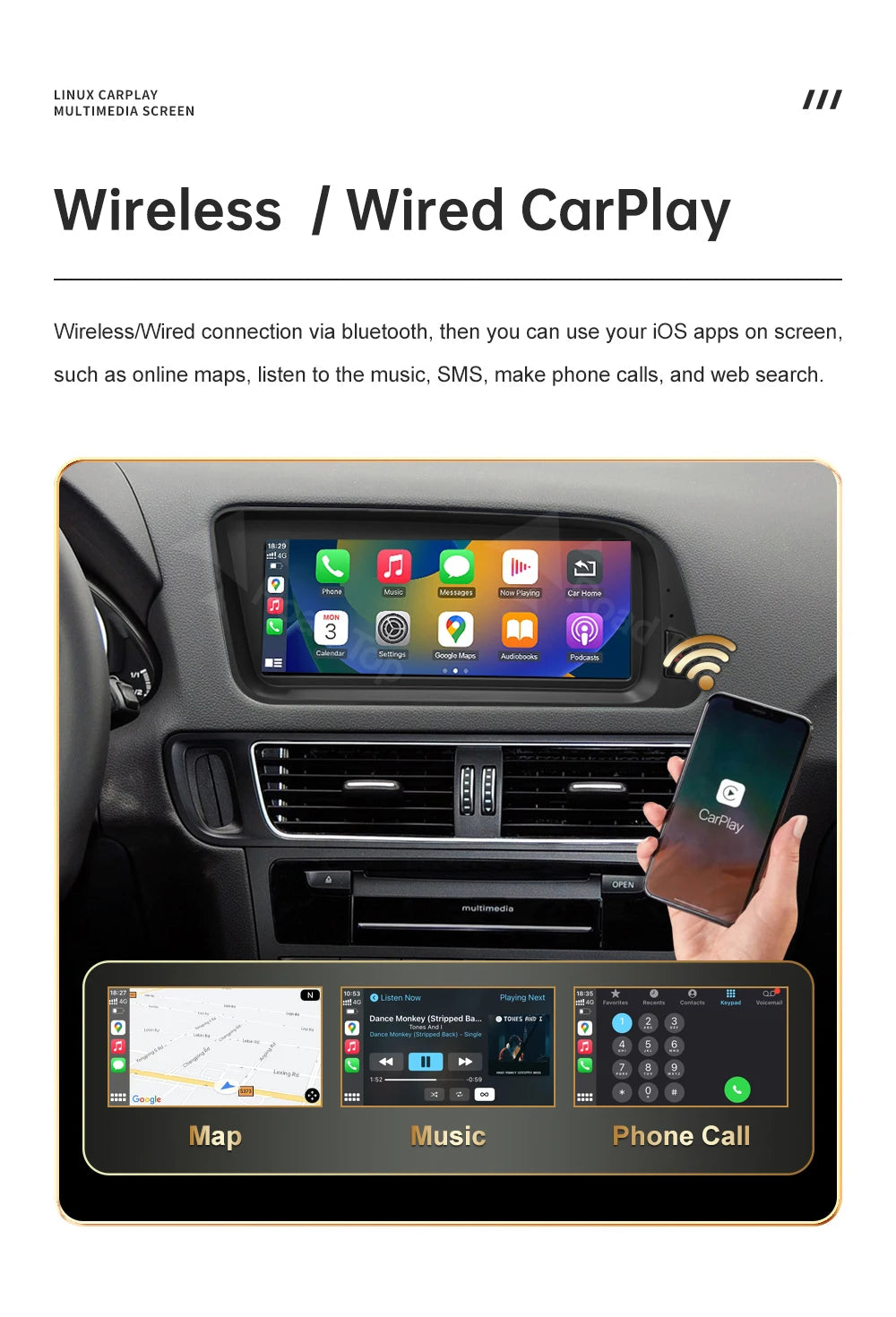 12.3' RoadTop Wireless CarPlay Multimedia Linux Screen Android Auto For Audi Q5 2009-2017 Airplay Autolink Function - Shopifynow