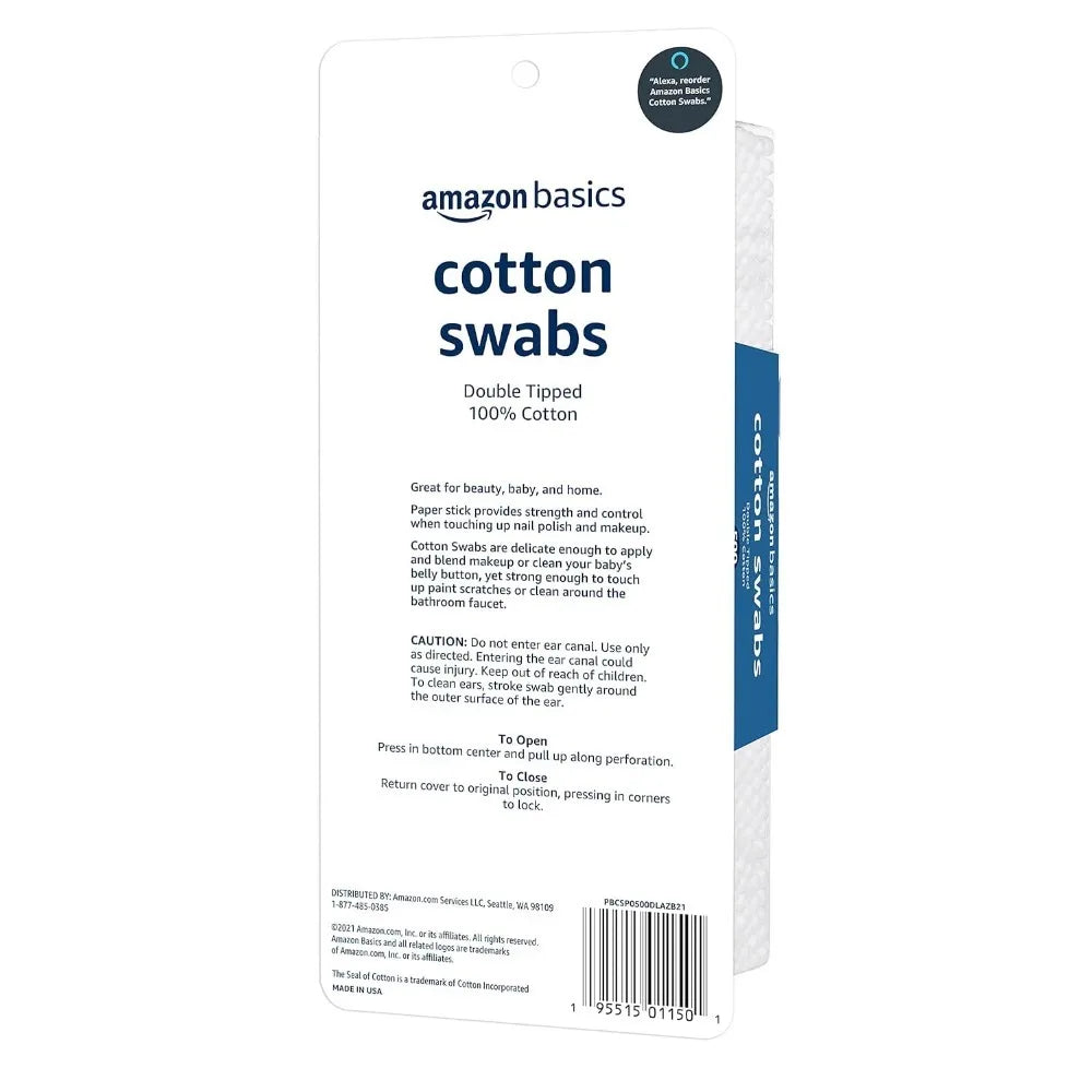 Basics Cotton Swabs for Personal Hygiene and Baby Care, 2000 Count, 4 Pack of 500 Count