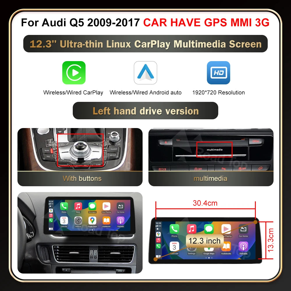 12.3' RoadTop Wireless CarPlay Multimedia Linux Screen Android Auto For Audi Q5 2009-2017 Airplay Autolink Function - Shopifynow