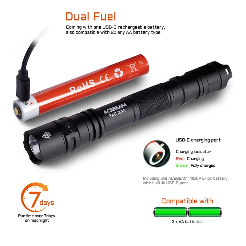ACEBEAM TAC 2AA LED flashlight 1600 lumen 181 meters portable EDC flashlight USB-C rechargeable battery double buttons torch - Shopifynow