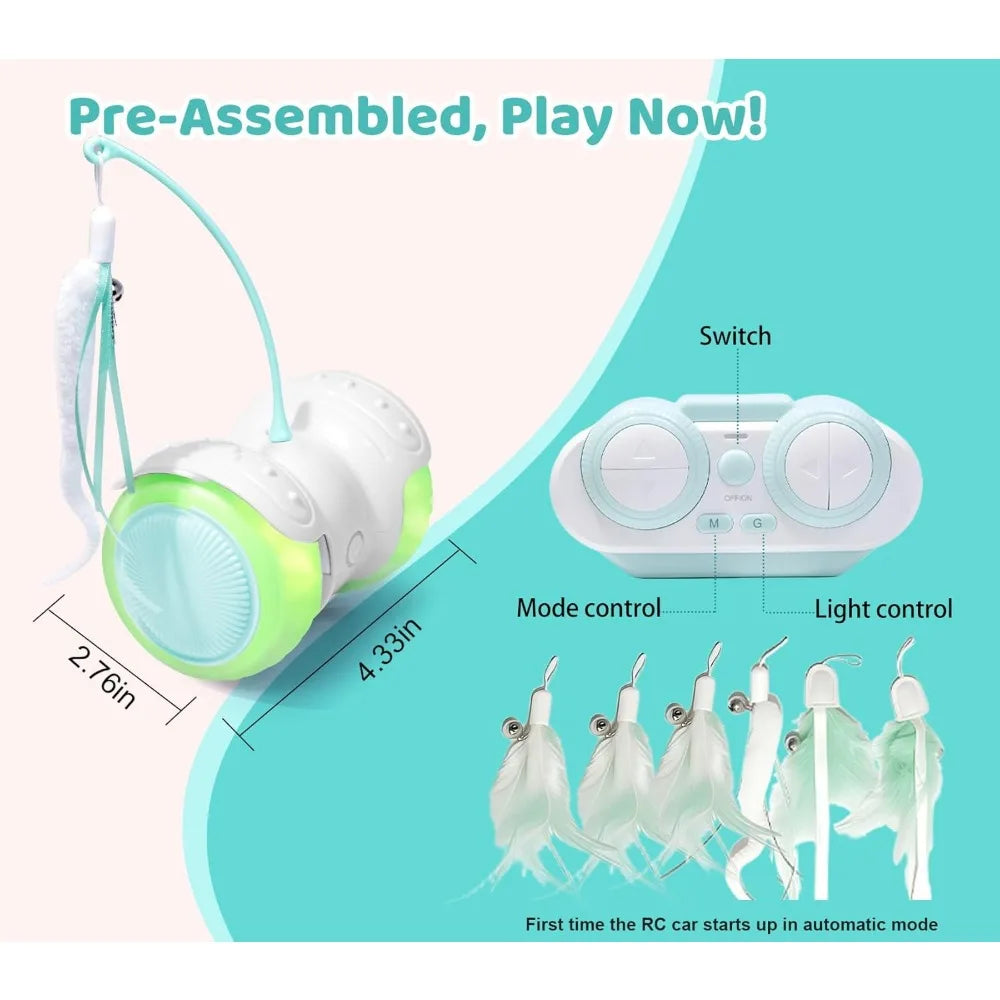 Interactive Cat Toy Car - Remote Control Cat Toys Catnip Feathers & LED Lights, Auto/Moving Chase Cats Toy to Keep Bored Cats Ac