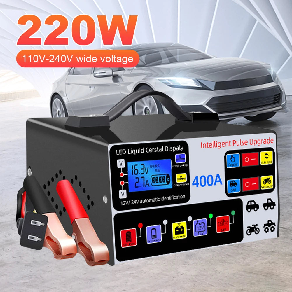 Heavy Duty Car Battery Charger 12/24V 400A Full Automatic Car Battery Charger 220W High Power Smart Pulse Repair Battery Charger