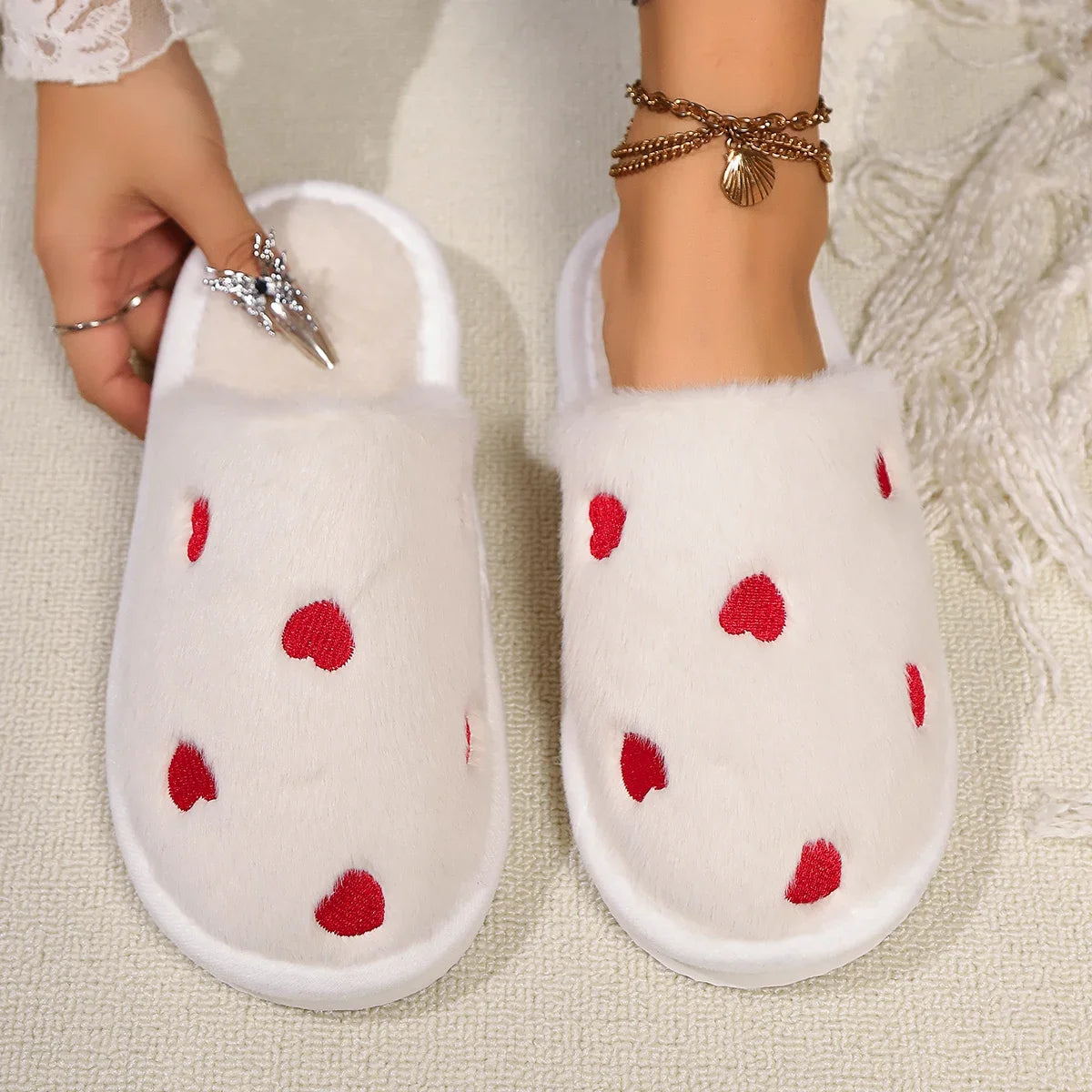 High Quality Women Heart Fleece Slippers Winter Home Fur Fuzzy Memory Foam Shoes Female Indoor Sweet Slides Cozy Cute Footwear Shopifynow