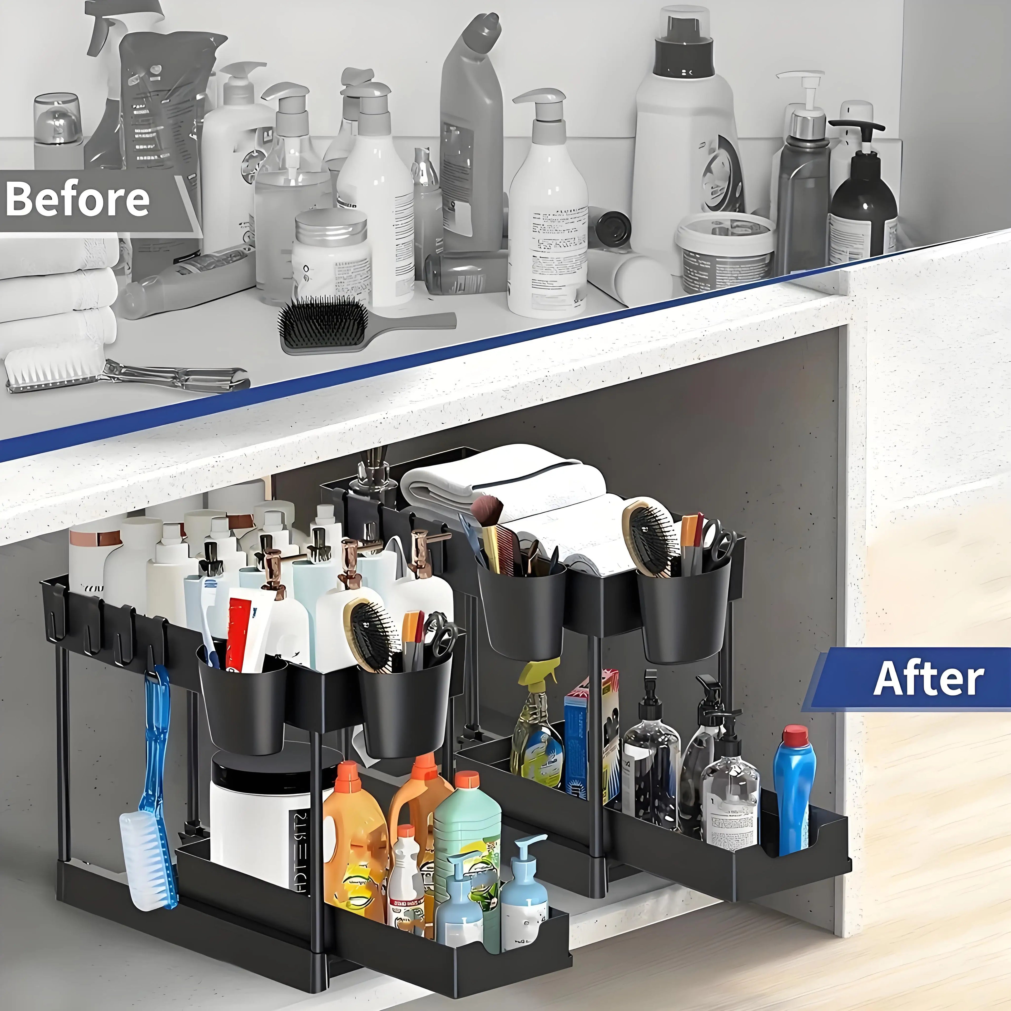 2-Pack Modular Under Sink Shelves - Adjustable Steel Organizer ✔Epoxy-Coated & Rustproof (Cabinet Closet Storage) Shopifynow