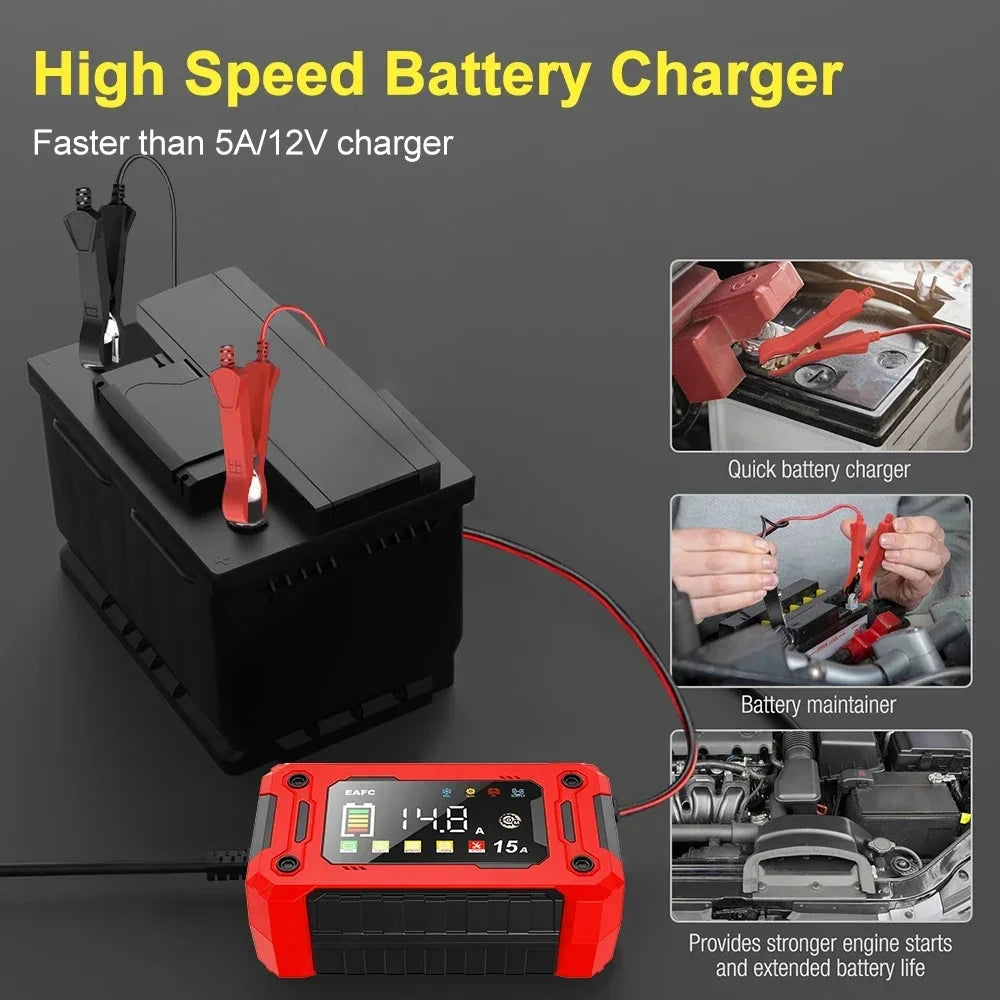 12V15A Car Smart Pulse Repair Charger suitable for cars, motorcycles, boats, AGM, GEL, WET lead-acid batteries Shopifynow