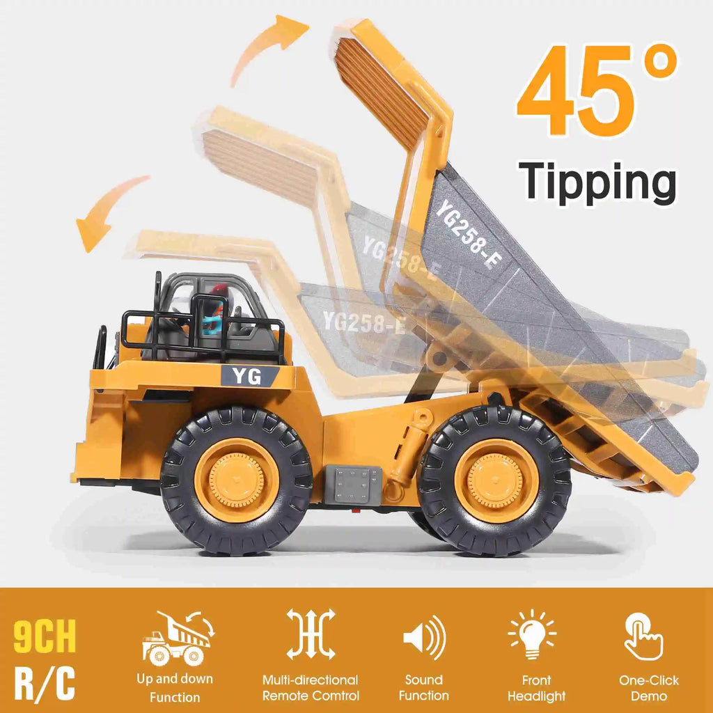 9 Channel Dump Truck Toy Yellow Double Battery Remote Control Dump Truck with Light Sound for Present Shopifynow