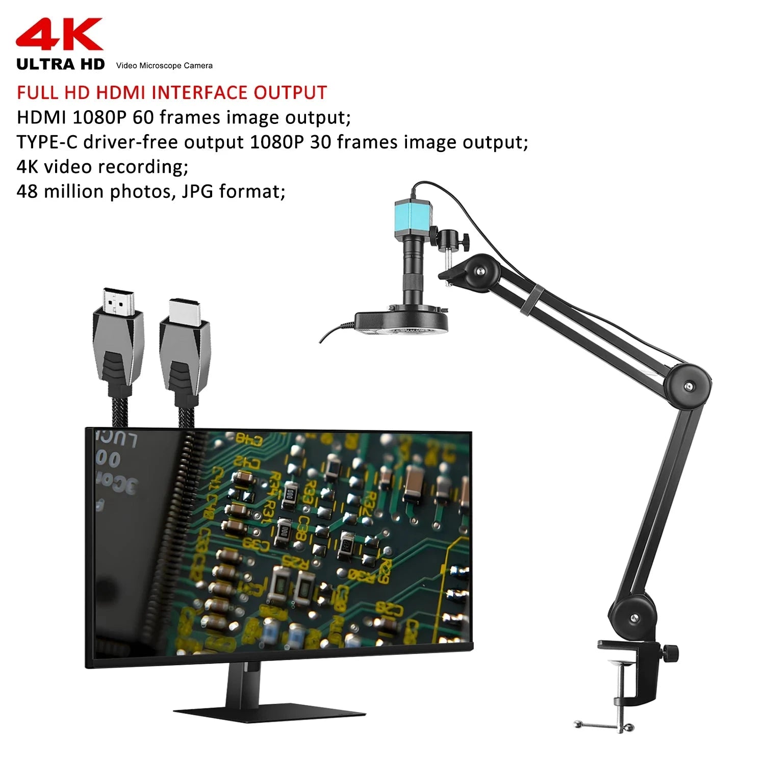 HD 4K Electron Microscope For Soldering 48MP HDMI USB Digital Camera Sony Sensor 150X Lens Reinforced Bracket Reduces Vibration Shopifynow