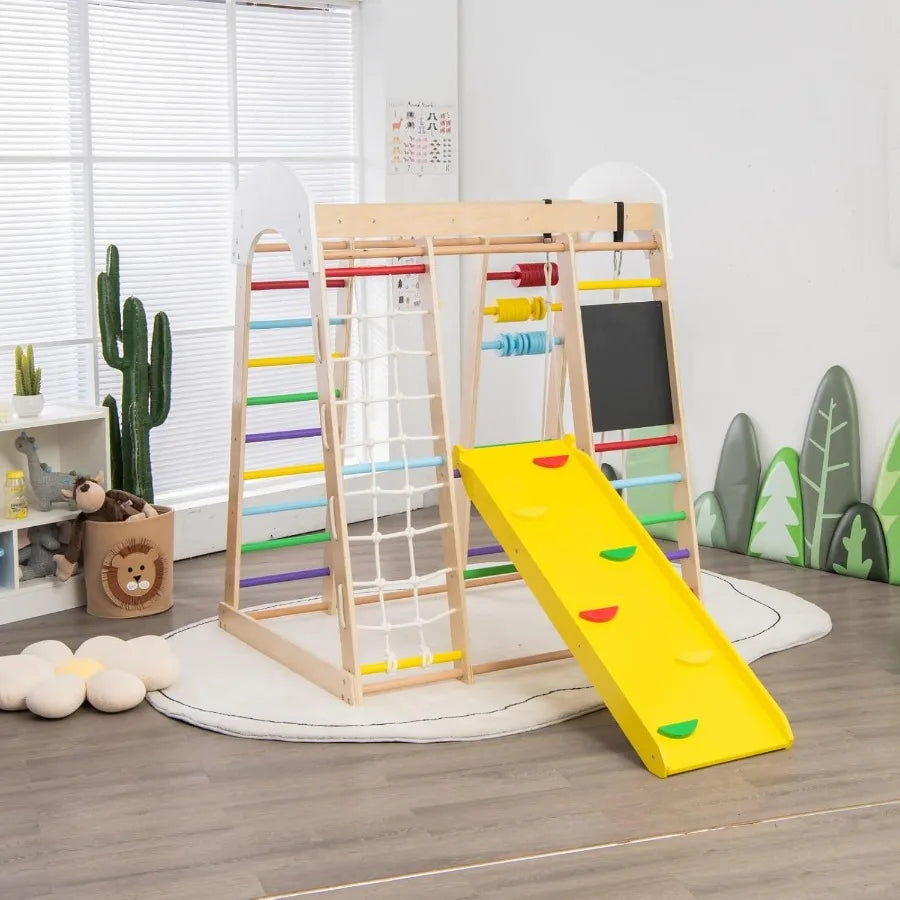 Indoor Jungle Gym 8in1 Montessori Climbing Toys for Toddlers with DoubleSided Slide Climbing Rock Net Indoor Wooden Playground Shopifynow