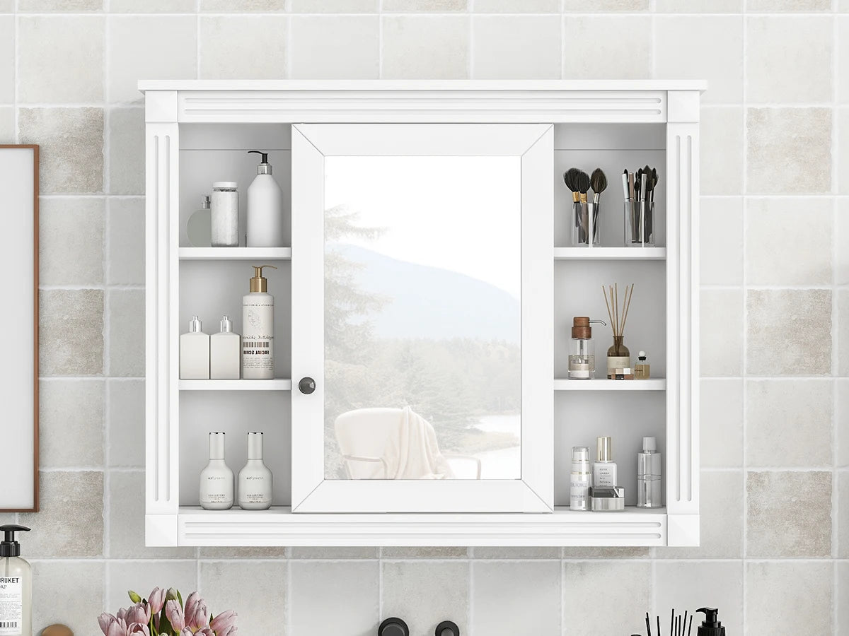 35'' x 28'' Wall Mounted Bathroom Storage Cabinet, Modern Bathroom Wall Cabinet with 6 Open Shelves And Mirror