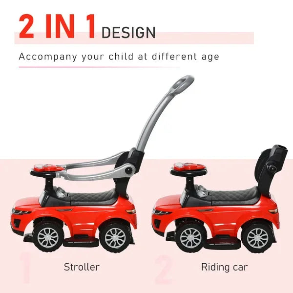 Aosom Kids 3 in 1 Push Car Ride-On Stroller Sliding Walking Toy with Horn Music Light Secure Bar for Boys Girls 1-3 Years Old Re