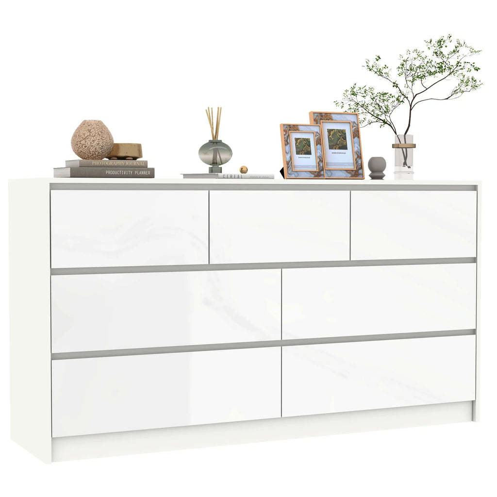 7 Drawer Dresser for Bedroom, 55 Inch Modern Dresser with High Gloss Drawers, Large Wood Chest of Drawer, White/Black Shopifynow