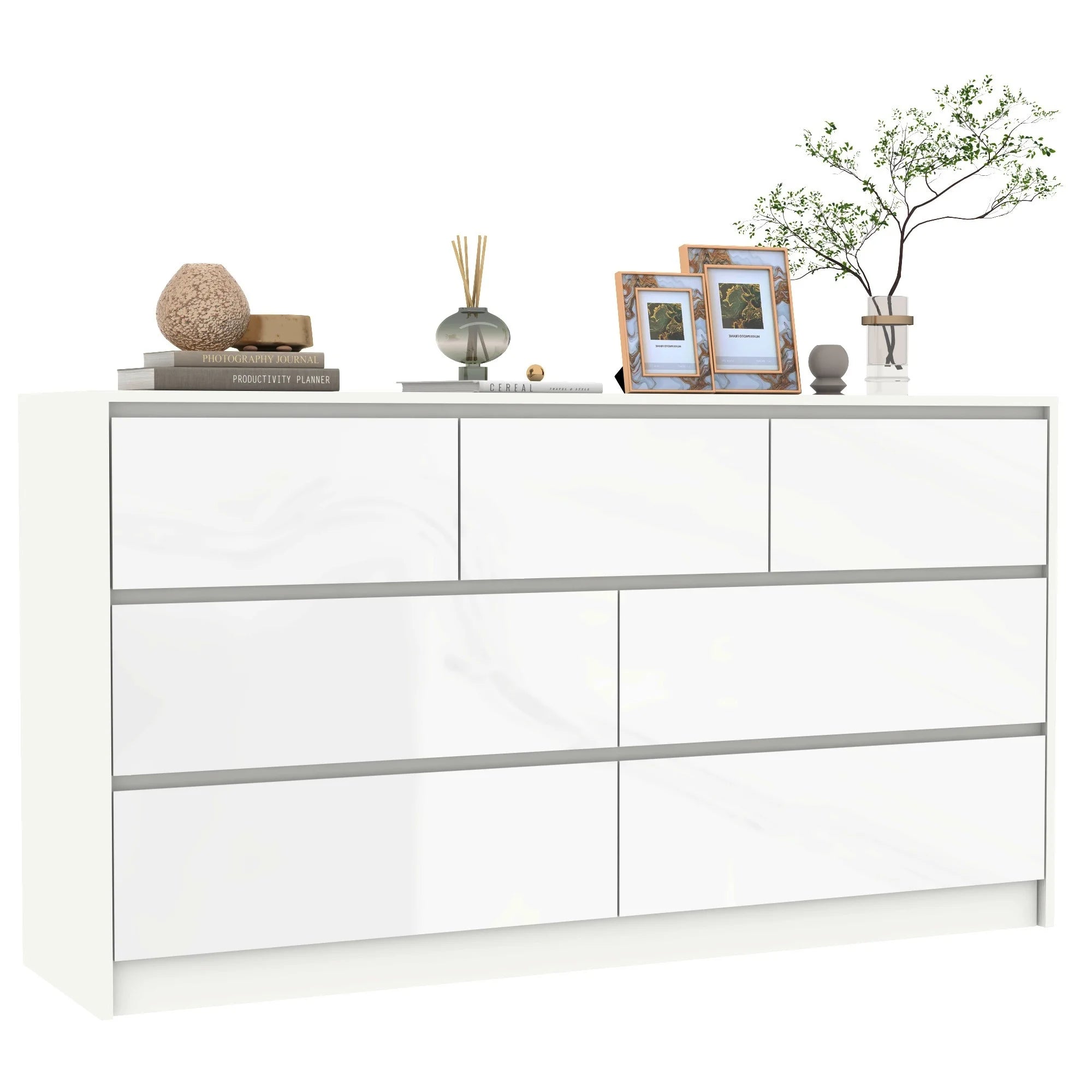 7 Drawer Dresser for Bedroom, 55 Inch Modern Dresser with High Gloss Drawers, Large Wood Chest of Drawer, White/Black Shopifynow