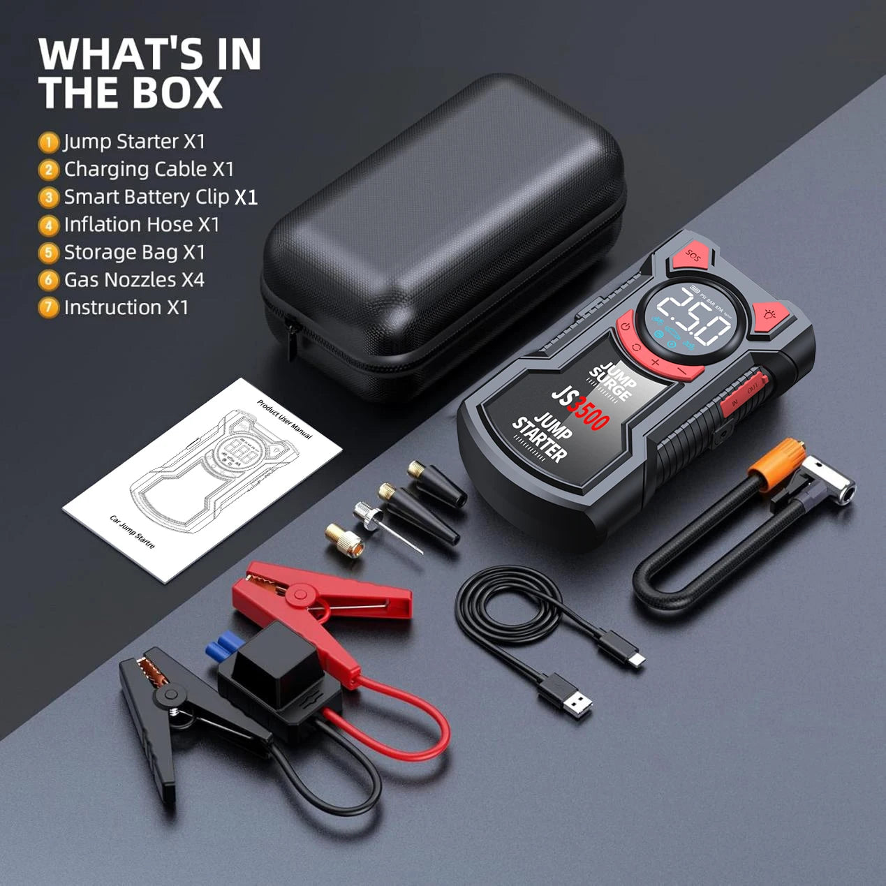5-in-1 Multifunctional Air Pump Jump Starter with Air Compressor 3000A Peak/150PSI Battery Jump Starter Digital Tire Inflator Shopifynow