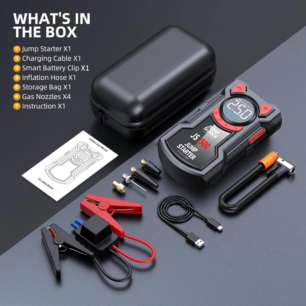 5-in-1 Multifunctional Air Pump Jump Starter with Air Compressor 3000A Peak/150PSI Battery Jump Starter Digital Tire Inflator