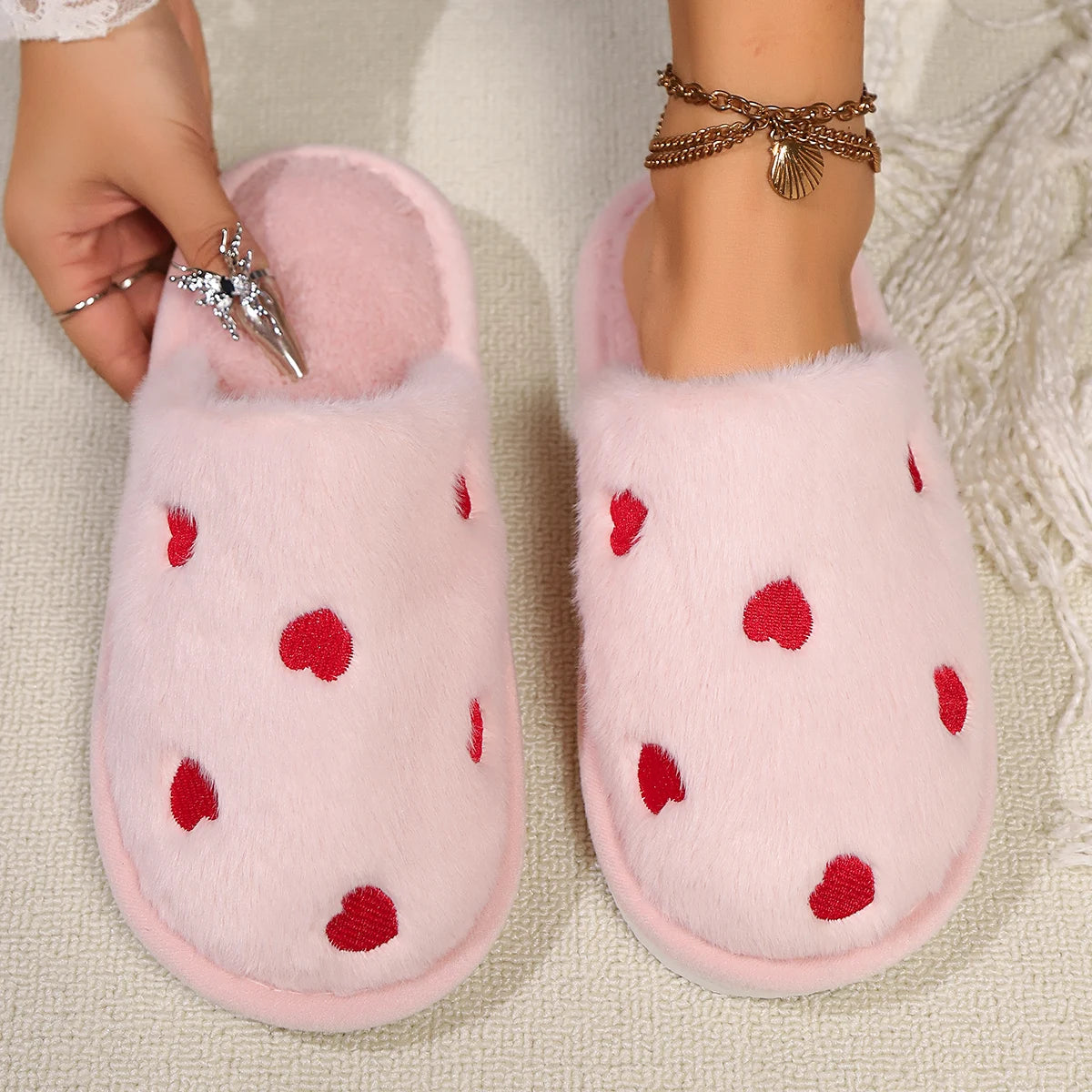 High Quality Women Heart Fleece Slippers Winter Home Fur Fuzzy Memory Foam Shoes Female Indoor Sweet Slides Cozy Cute Footwear Shopifynow