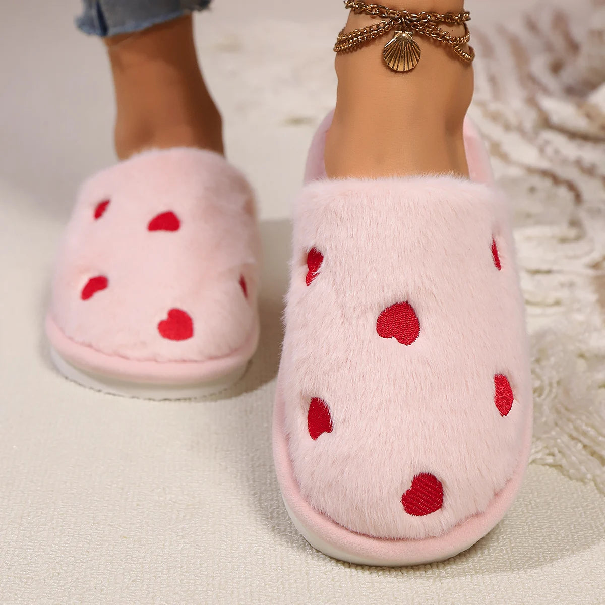 High Quality Women Heart Fleece Slippers Winter Home Fur Fuzzy Memory Foam Shoes Female Indoor Sweet Slides Cozy Cute Footwear Shopifynow