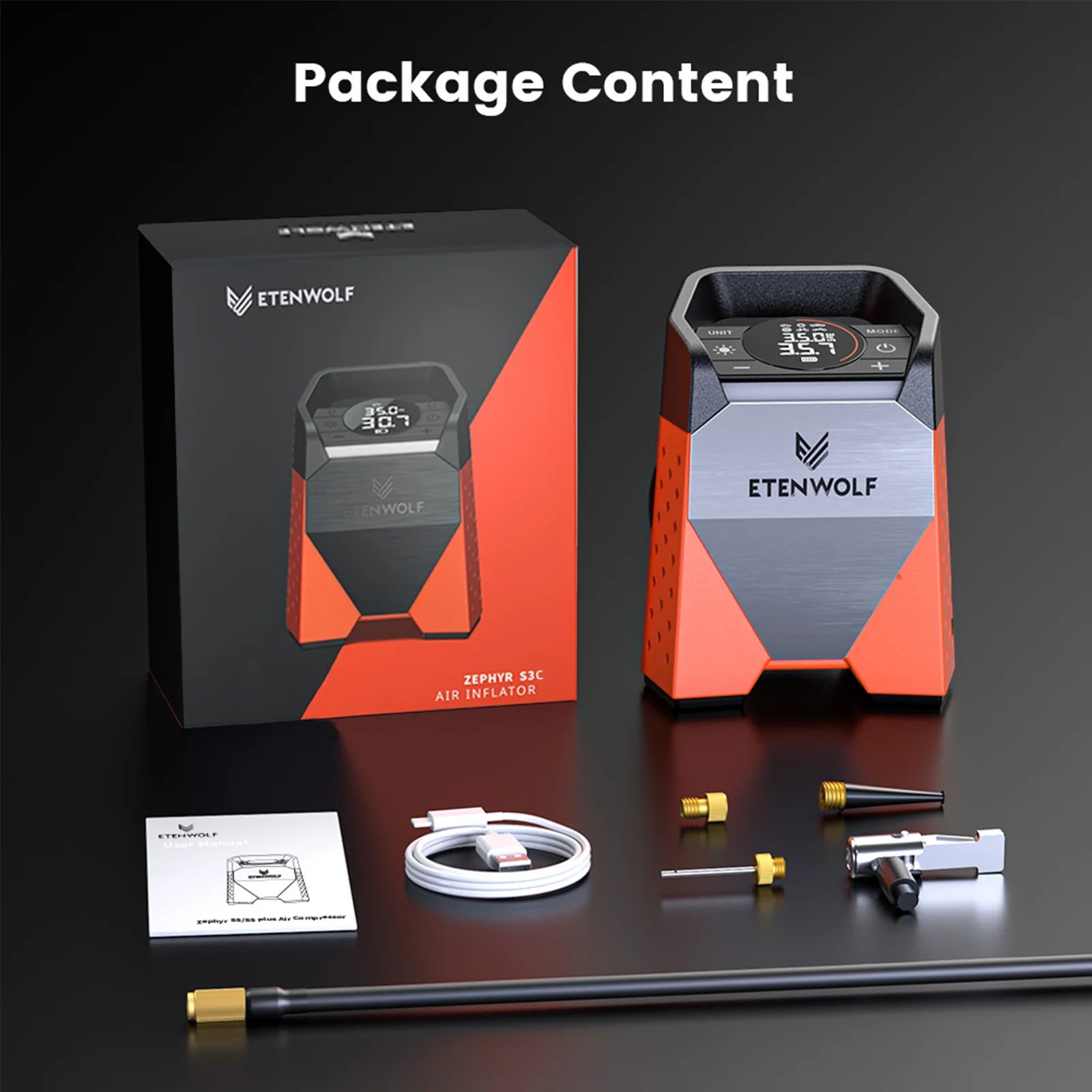 ETENWOLF ZEPHYR S3C Portable Air Compressor 100% Duty Cycle Car Tire Inflator 7800mAh for Cars, Motorcycles, Bicycles Balls