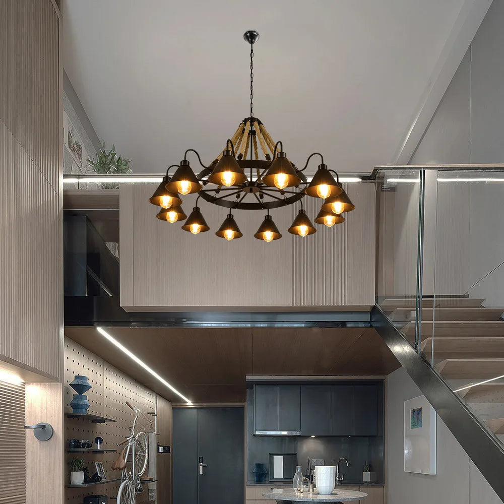 Bymaocar 12 Lights Hemp Rope Vintage Industrial Chandelier Ceiling Light Rustic Wheel Large Pendant Light Fixture Fit  Cafe Bar Shopifynow