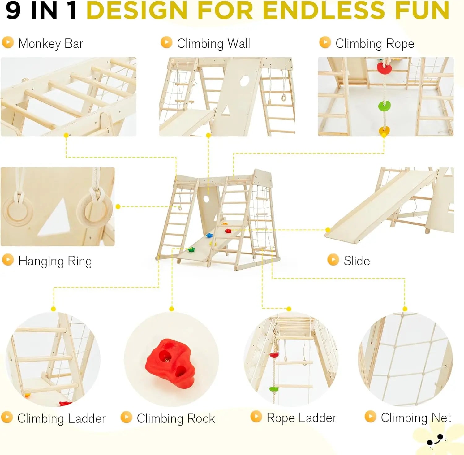 Indoor Jungle Gym, 9 in 1 Kids Indoor Playground, Climbing Toys for Kids with Climbing Wall, Slide, Monkey Bars, Rope Ladder and Shopifynow