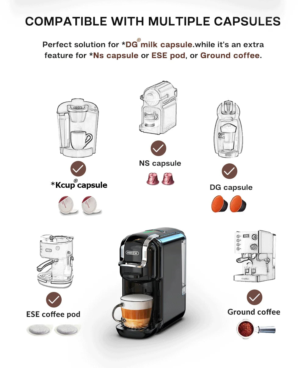 HiBREW Multiple Capsule Coffee Machine, Hot/Cold Dolce Gusto Milk Nespresso Capsule ESE Pod Ground Coffee Cafeteria 20Bar 5 in 1 - Shopifynow