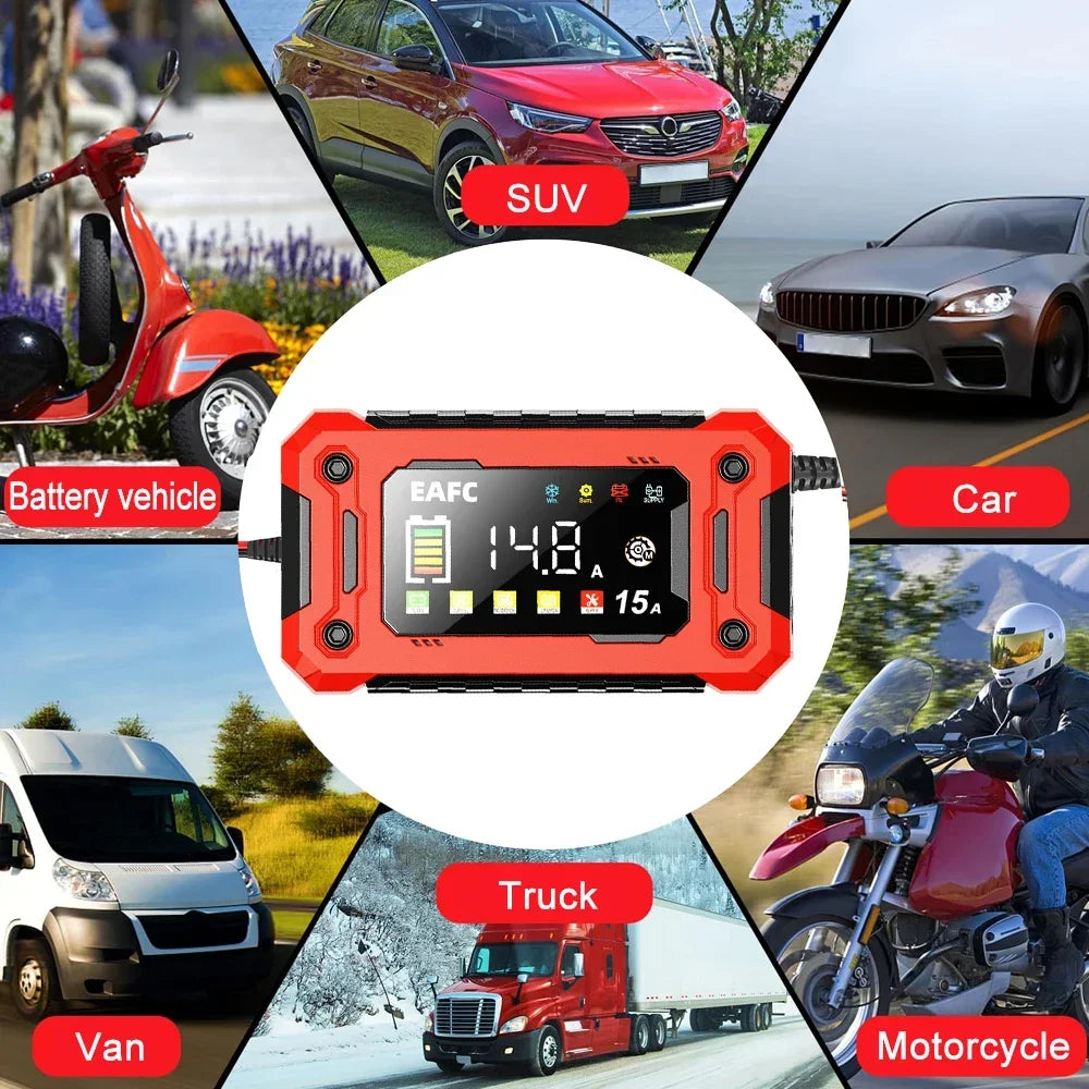 12V15A Car Smart Pulse Repair Charger suitable for cars, motorcycles, boats, AGM, GEL, WET lead-acid batteries