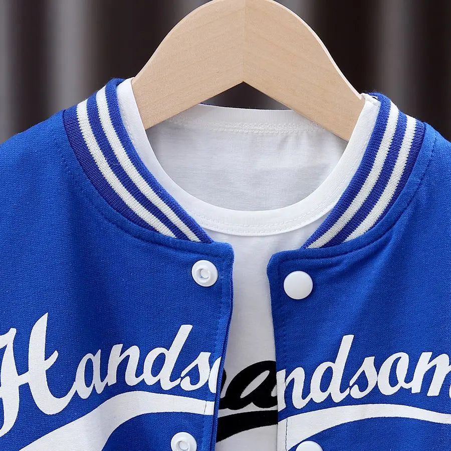 Boys' autumn letter baseball single-breasted jacket+round neck printed cotton long sleeve+striped sweatpants 3Pcs suit Shopifynow