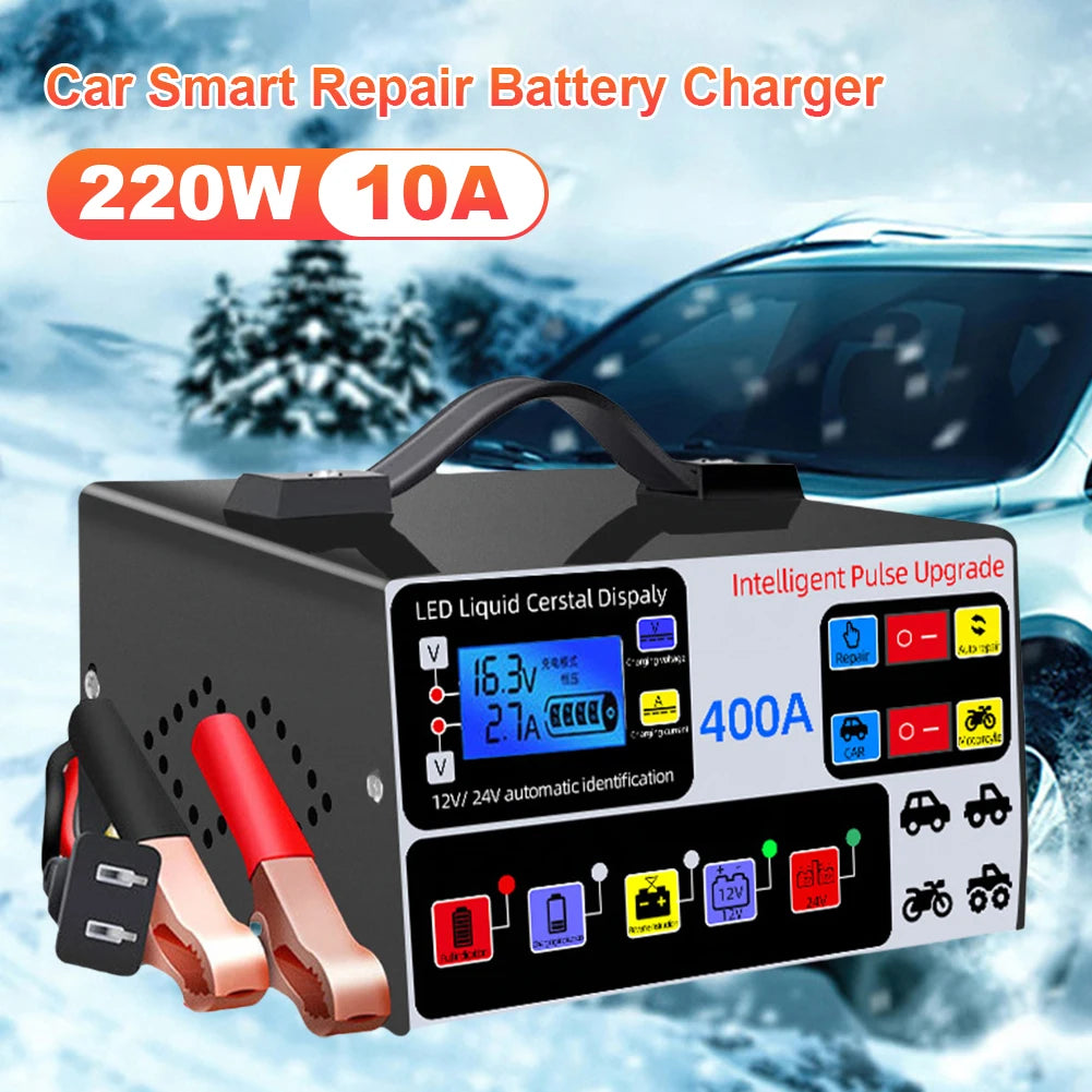 400A Heavy Duty Smart Battery Charger LCD Display Car Battery Charger 12/24V Intelligent Pulse Repair Charger High Power Shopifynow
