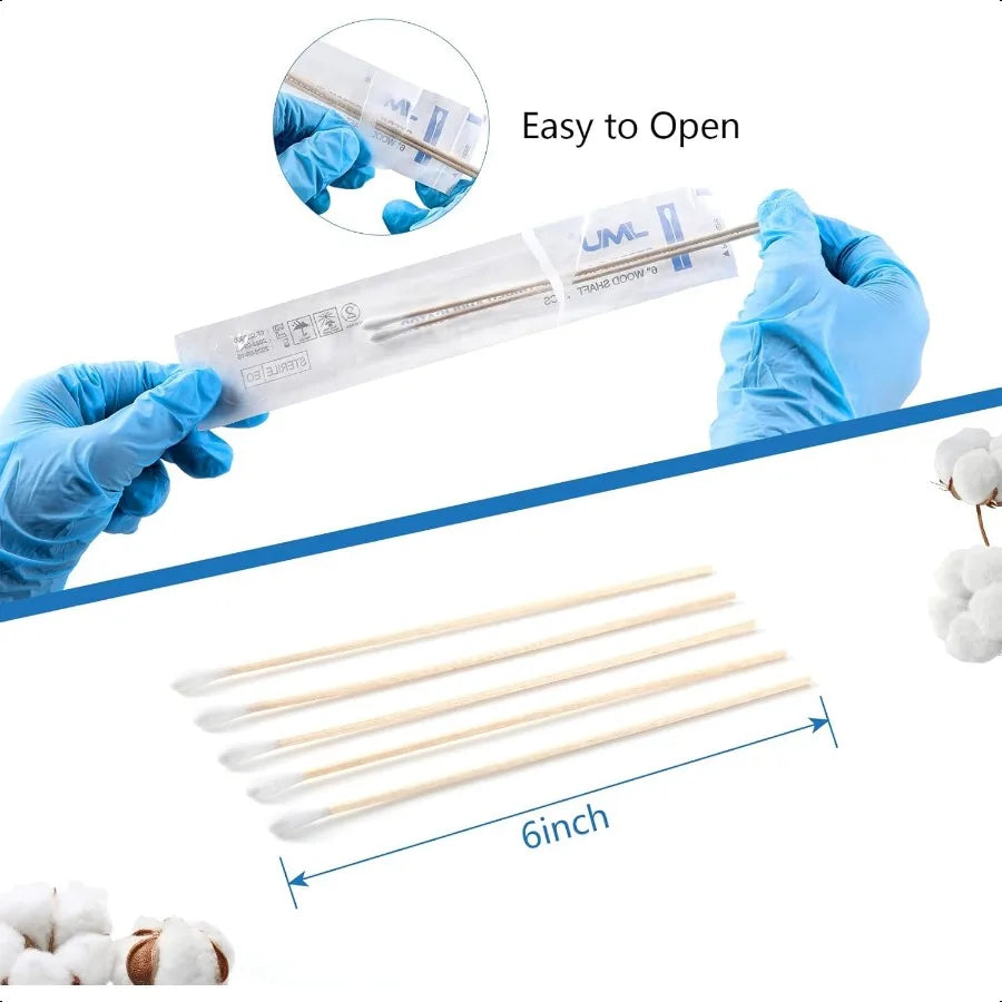 6 Inch Sterile Cotton Tipped Applicators 200 Count Long Cotton Swabs Wood Shaft Medical Swabs