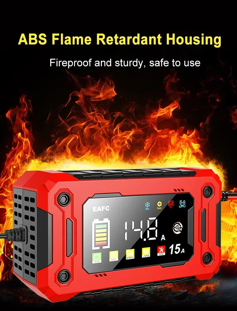 12V15A Car Smart Pulse Repair Charger suitable for cars, motorcycles, boats, AGM, GEL, WET lead-acid batteries