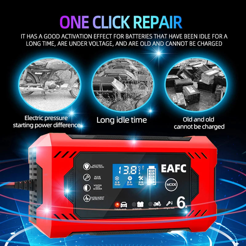 Car Battery Charger 12V 6A Intelligent Fast Charging Pulse Repair Type Full Auto-Stop Dual-Mode Lead Acid for Motorcycle Truck Shopifynow